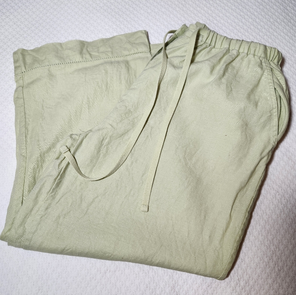 Kate Hiĺl Linen Light Green Casual Cropped Drawstring Pants